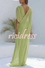 Enjoy Your Vacation Linen Blend Ruched Shoulder Drape Loose Cover Up Maxi Dress