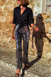 Pursue Shine Sequin High Rise Elastic Waist Flare Pants