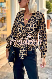 Janae Leopard Print Front Tie-up Lantern Sleeve Casual Blouse