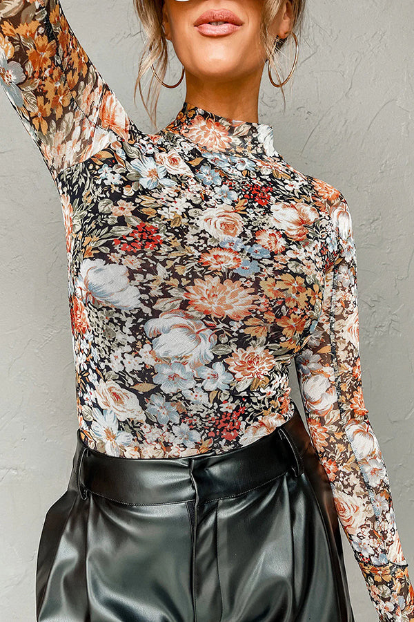 Floral Print Long Sleeve Turtleneck Casual Slim Fit Top