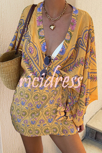 Mumbai's Flower Unique Print Batwing Sleeve Wrap Tie-up Boho Mini Dress