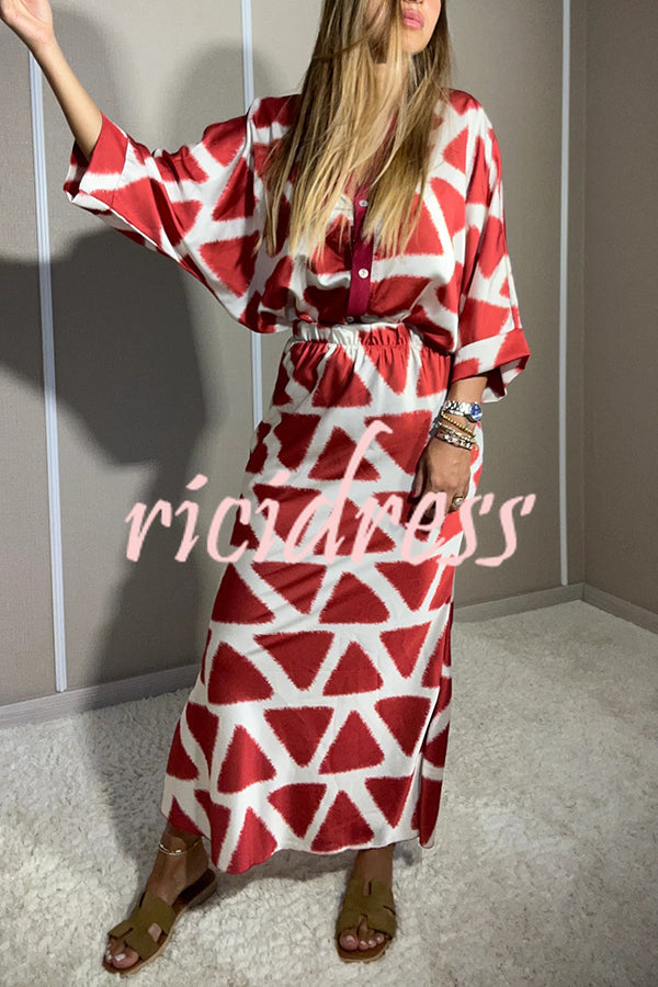 Harlen Satin Unique Printed Loose Shirt Top and Elastic Waist Maxi Skirt Set