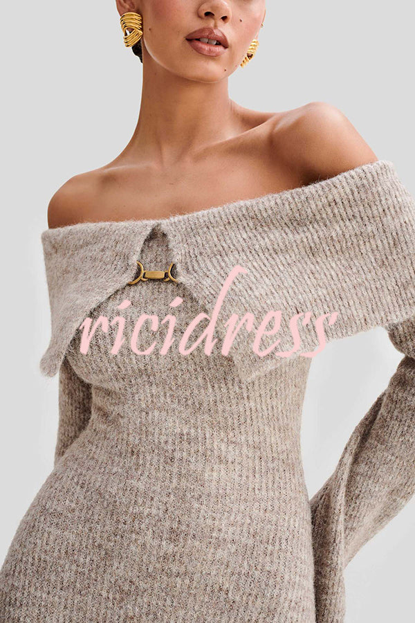 Solid Color Off-shoulder Long-sleeved Elegant Slim-fit Knit Maxi Dress