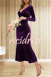 Solid Color Velvet Long Sleeve V-neck Slim Fit Fishtail Maxi Dress