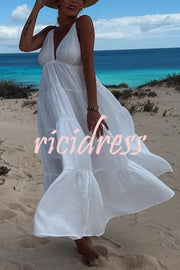 Bohemian Style V-neck Backless Slip Layered Vacation Maxi Dress