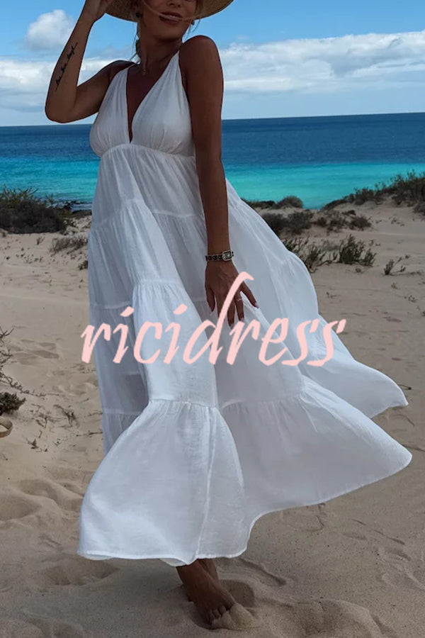 Bohemian Style V-neck Backless Slip Layered Vacation Maxi Dress