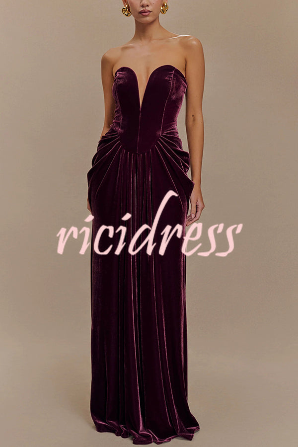Paige Velvet Off Shoulder Side Pleated Hip Drape Maxi Dress