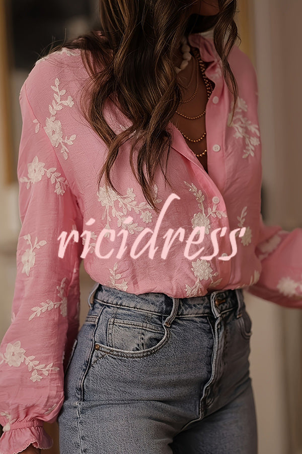 Floral Embroidery Long-Sleeved Button-Up Elegant Shirt