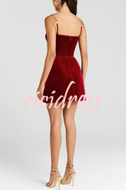 Harley Luxurious Velvet Fabric Jewel-embellished Shoulder Straps Pocket Tulip Mini Dress