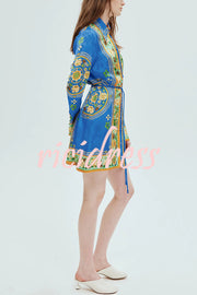 Katia Satin Unique Print Shaped Collar Tie-up Waist Shirt Mini Dress