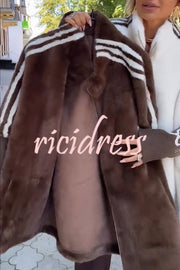 Fashion Sports Stripe Print and Ribbed Embroidered Long Sleeve Zipper Stand Nack Pocket Plush Coat
