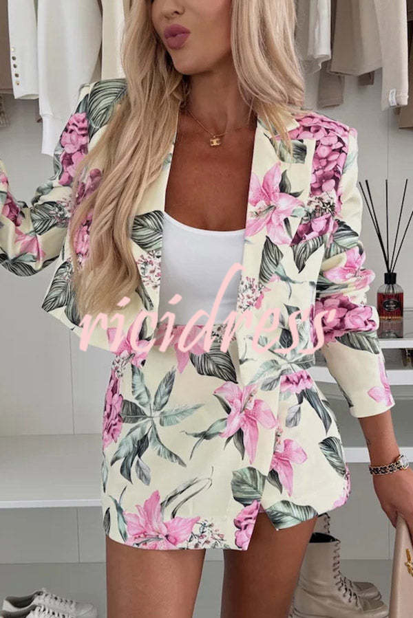 Picture Perfect Botanical Floral Print Long Sleeve Lapel Crop Blazer