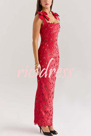 Holiday Intimacy Embroidered Floral Lace Bow Shoulder Straps Slit Maxi Dress