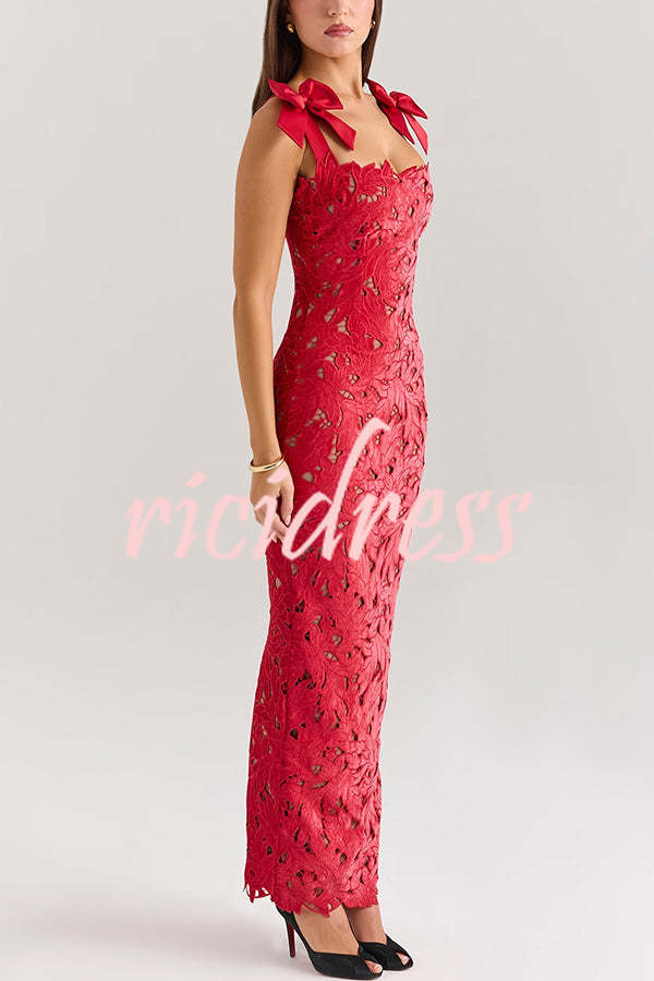 Holiday Intimacy Embroidered Floral Lace Bow Shoulder Straps Slit Maxi Dress