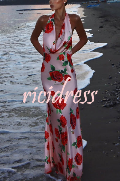 Rose Print Sexy Halter Neck Strappy Backless Slim Fit Maxi Dress