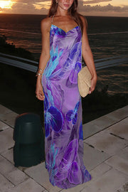 Floral Print Sexy Backless Slit See-Through Holiday Maxi Dress