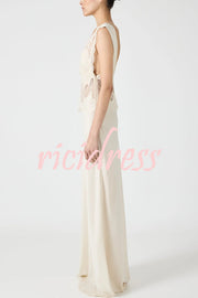Wonderful Fusion Satin Lace Trim See-through Waist V-neck Drape Maxi Dress