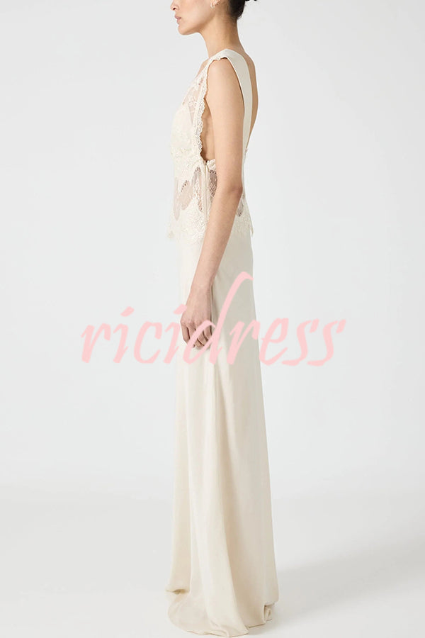 Wonderful Fusion Satin Lace Trim See-through Waist V-neck Drape Maxi Dress