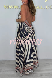Unique Print V-neck Open Back Loose Maxi Dress