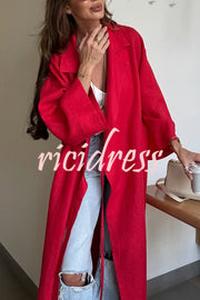Linen Blend Solid Color Casual Lapel Tie Loose Maxi Dress