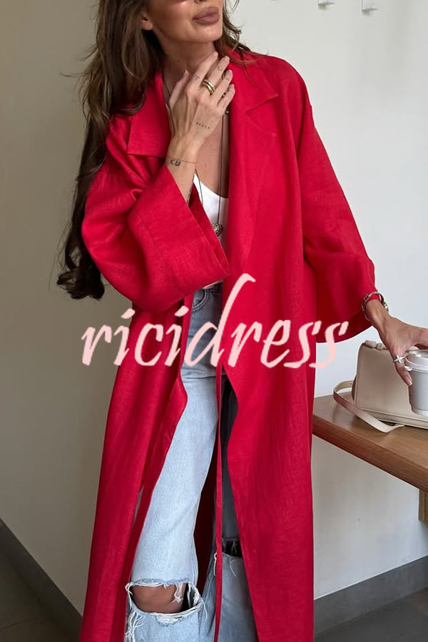 Linen Blend Solid Color Casual Lapel Tie Loose Maxi Dress