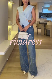 Fashion Star Rhinestone High Rise Casual Pocket Straight Loose Jeans