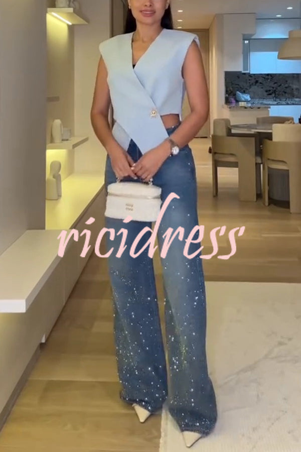 Fashion Star Rhinestone High Rise Casual Pocket Straight Loose Jeans