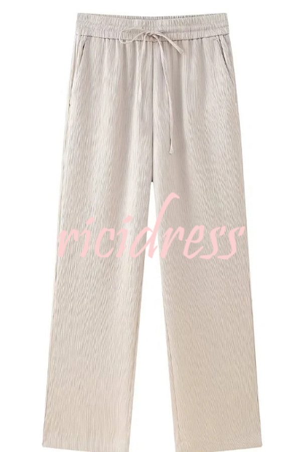 Fashionable Pleated Elastic Waist Tie Casual Pocket Wide-leg Pants