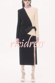 Love Unfolded Contrast Color Side Bow Tie-up Long Sleeve Slit Midi Dress