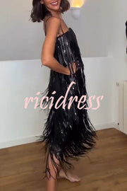 Chic Celebration Layered Sequined Tassels Slip Strapless H-line Midi Dress