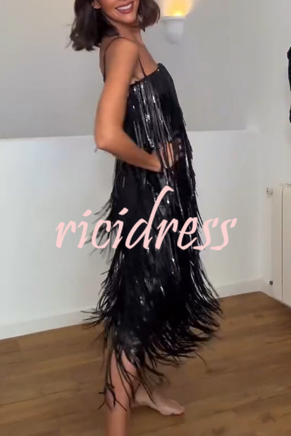 Chic Celebration Layered Sequined Tassels Slip Strapless H-line Midi Dress