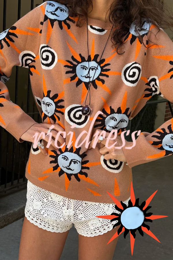 Mediterranean Art Knit Unique Sun Vortex Print Long Sleeve Relaxed Sweater