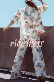 Angel Wings Denim Unique Print Mid Rise Pocket Loose Pants