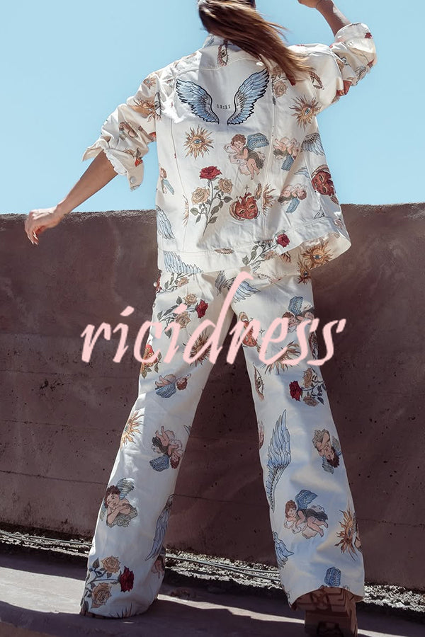 Angel Wings Denim Unique Print Mid Rise Pocket Loose Pants