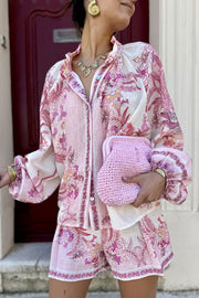 Botanical Print Palace Style Stand-up Collar Lantern Sleeve Loose Top and Casual Shorts Set