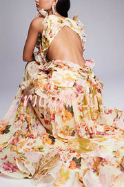 Wedding Season Chiffon Floral Ruched Plunge Open Back Maxi Dress