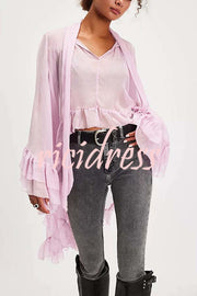 Flowy See-through Ruffle Tie-up Neck Bell Sleeve High-low Hem Cape Shirt