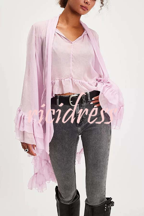 Flowy See-through Ruffle Tie-up Neck Bell Sleeve High-low Hem Cape Shirt