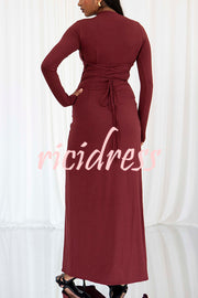 Venus Long Sleeve Ruched Side Slit Drape Ruffles Back Lace-up Stretch Maxi Dress