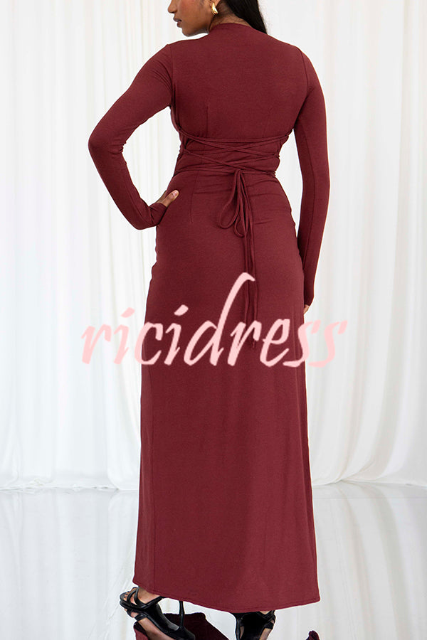 Venus Long Sleeve Ruched Side Slit Drape Ruffles Back Lace-up Stretch Maxi Dress