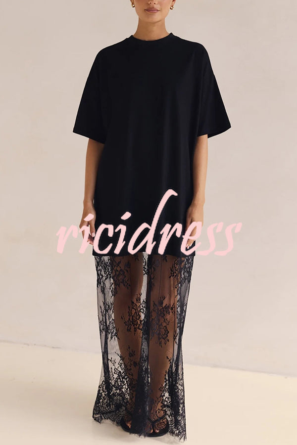 Ophelia Short Sleeve Sheer Floral Lace Hem Oversized T-shirt Maxi Dress