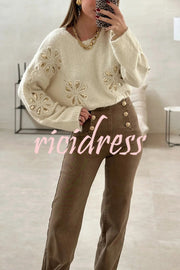 Fashionable Sequined Floral Loose Long-sleeved Knit Sweater