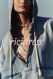 Fashion Loose Pocket Casual Denim Zipper Hoodie