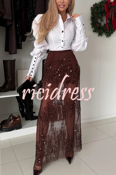 Darling Details Sequin Embroidered Tulle High Rise Elastic Waist Maxi Skirt