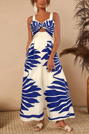 Unique Printed Open Back Pleated Casual Wide-leg Jumpsuit
