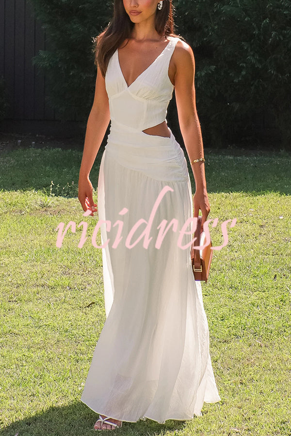 Solid Color V-neck Waist Hollow Slim Maxi Dress