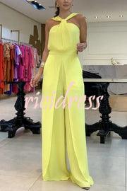 Solid Color Sleeveless Backless Halter Slit Wide Leg Jumpsuit