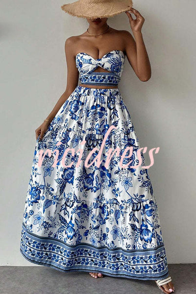 Floral Print Cutout Bandeau Top and Elastic Waist Full Maxi Skirt Set