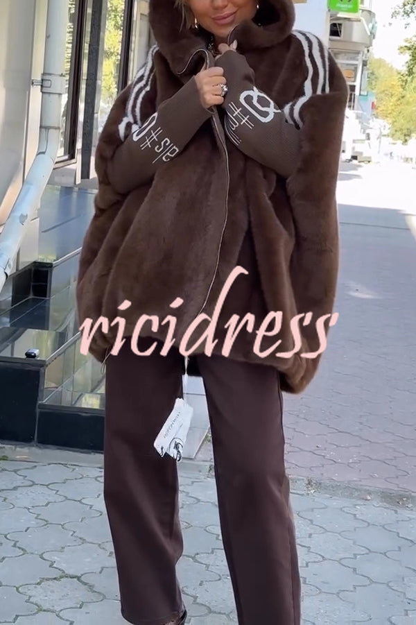 Fashion Sports Stripe Print and Ribbed Embroidered Long Sleeve Zipper Hooded Plush Coat