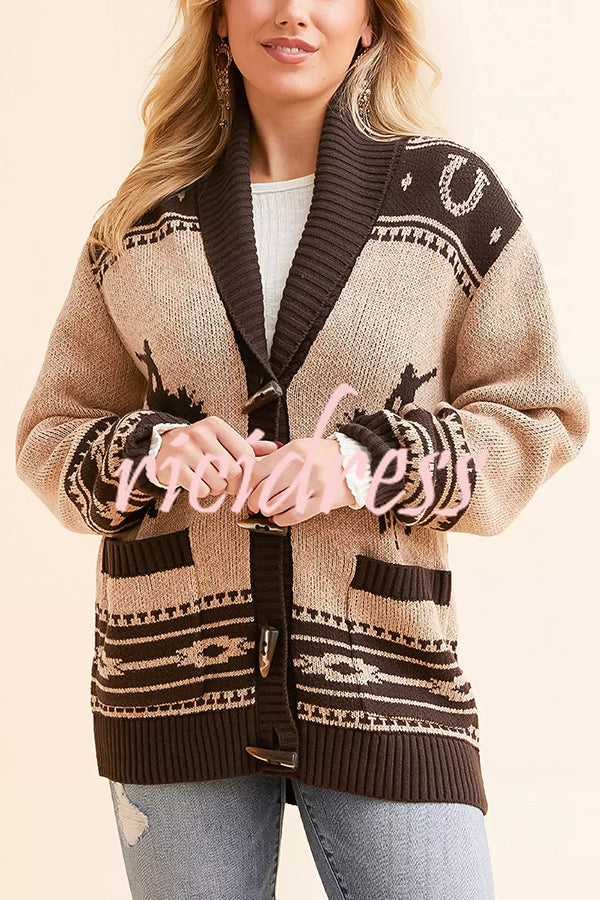 Retro Western Knit Unique Pattern Horn Buttons Pocket Lapel Loose Cardigan